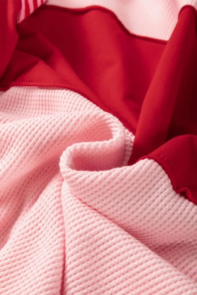 Sweaters Love Salve Pink Floral Top Women's Daily Casual Waffle Knit Tee - Color Block & Striped