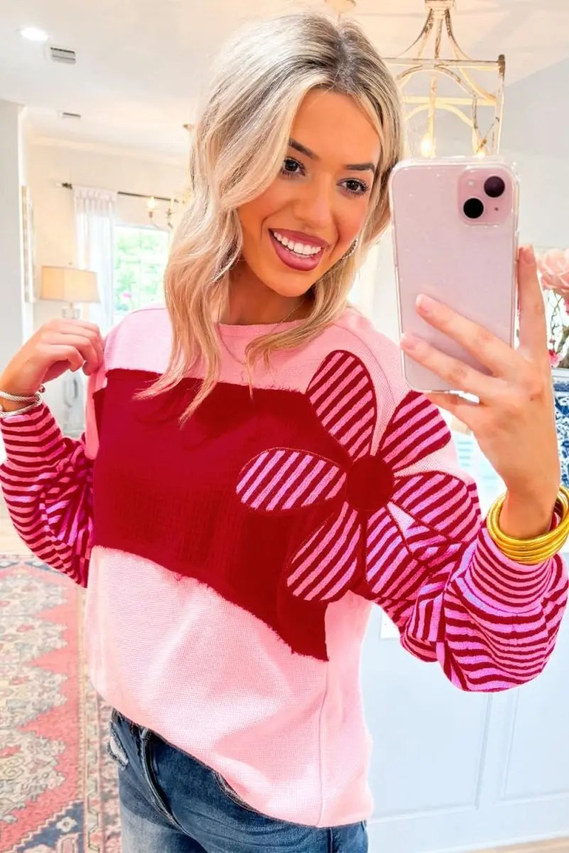 Sweaters Love Salve Pink Floral Top Women's Daily Casual Waffle Knit Tee - Color Block & Striped