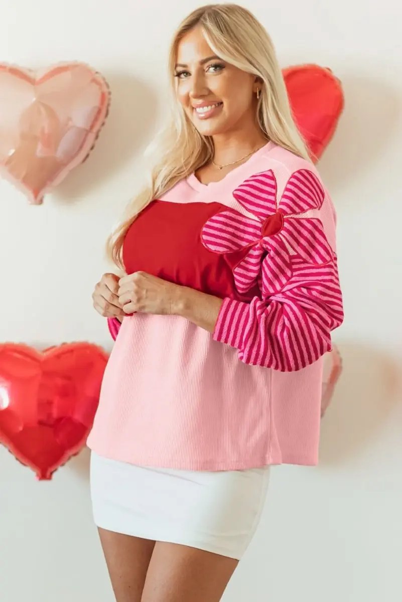 Sweaters Love Salve Pink Floral Top Women's Daily Casual Waffle Knit Tee - Color Block & Striped