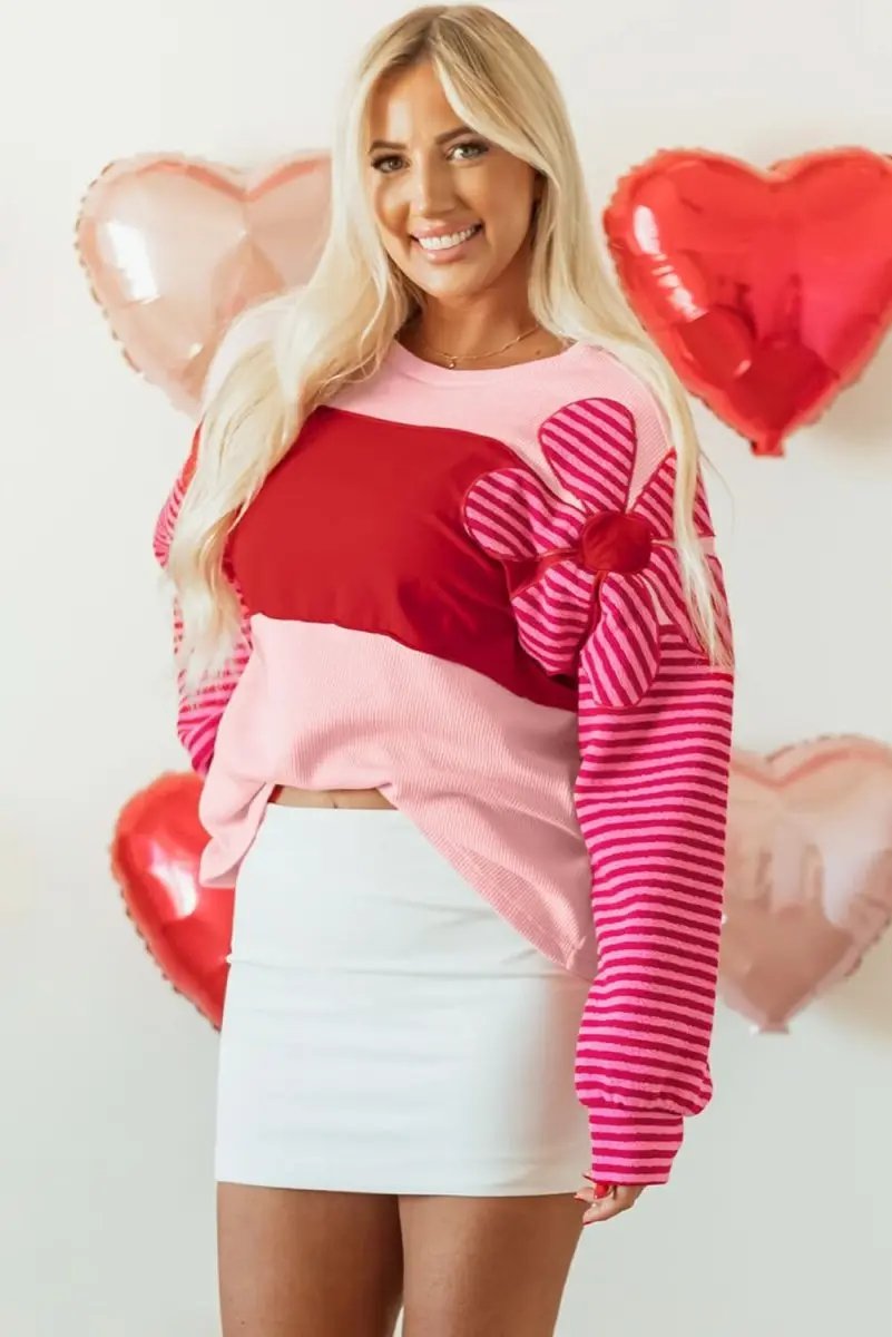 Sweaters Love Salve Pink Floral Top Women's Daily Casual Waffle Knit Tee - Color Block & Striped