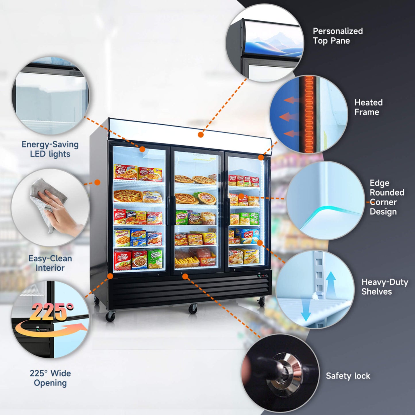Commercial 70 Cu.Ft Reach-In Glass Door Merchandiser Freezer With LED Top Panel And Swing Door (SAK43890)