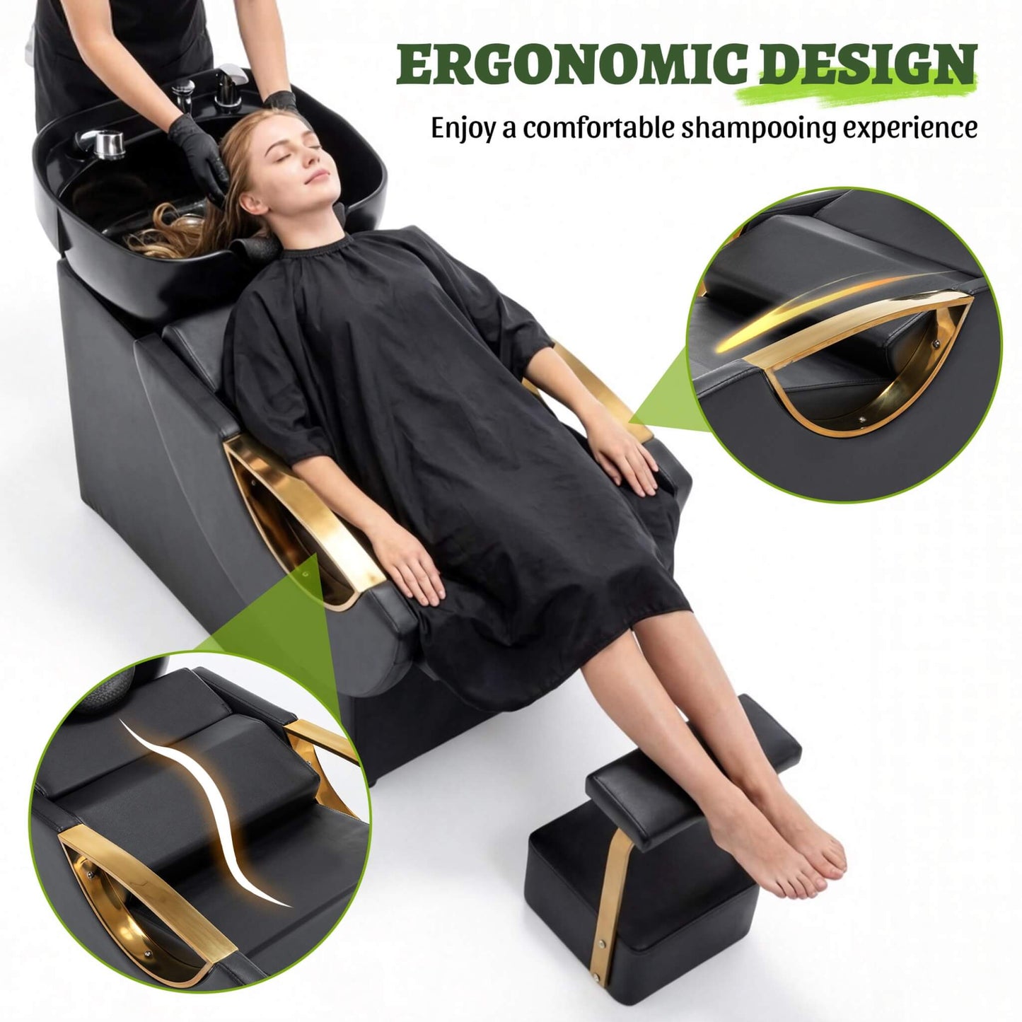 Commercial Black And Gold Shampoo Bowl Chair Set With Footrest (SAK43716)