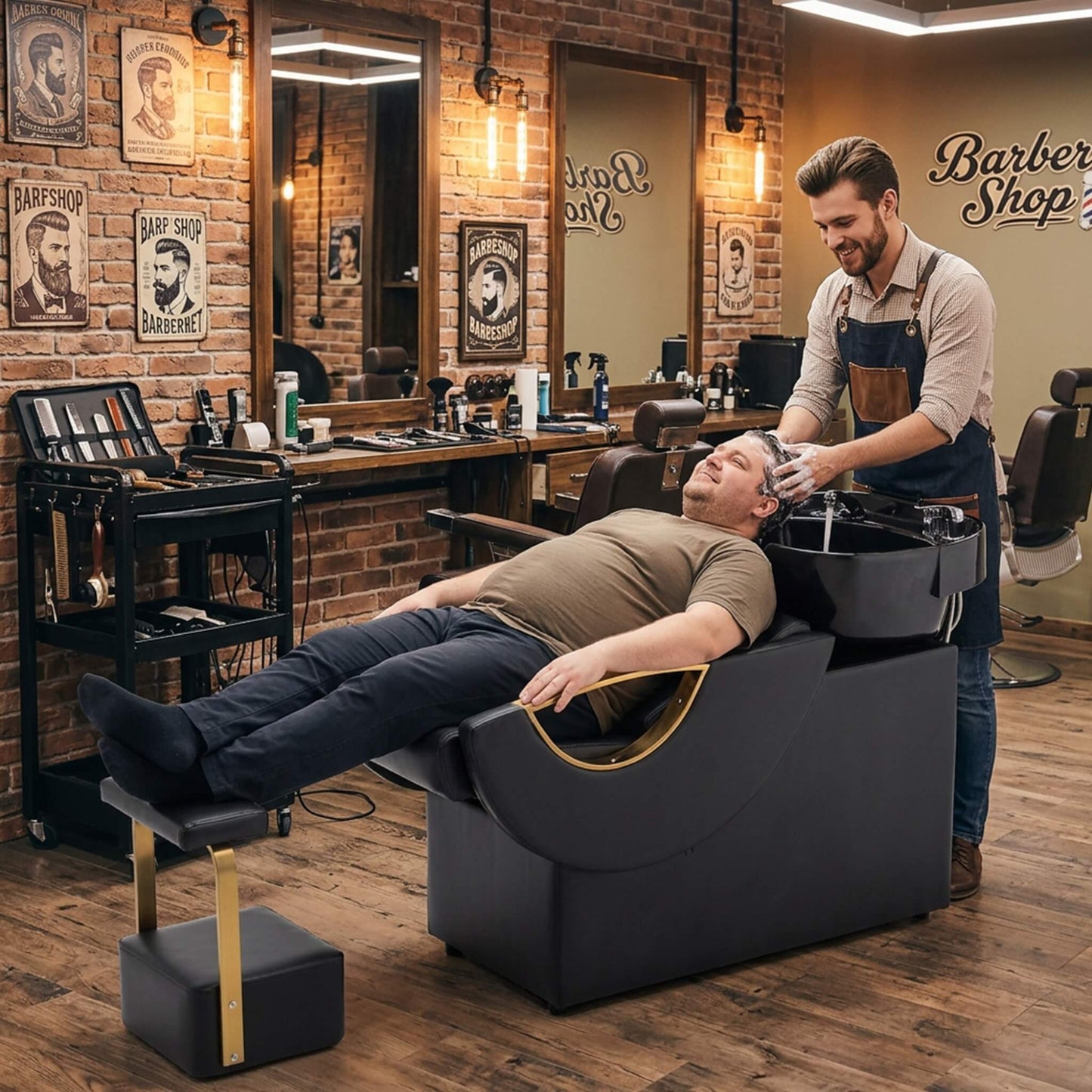 Commercial Black And Gold Shampoo Bowl Chair Set With Footrest (SAK43716)