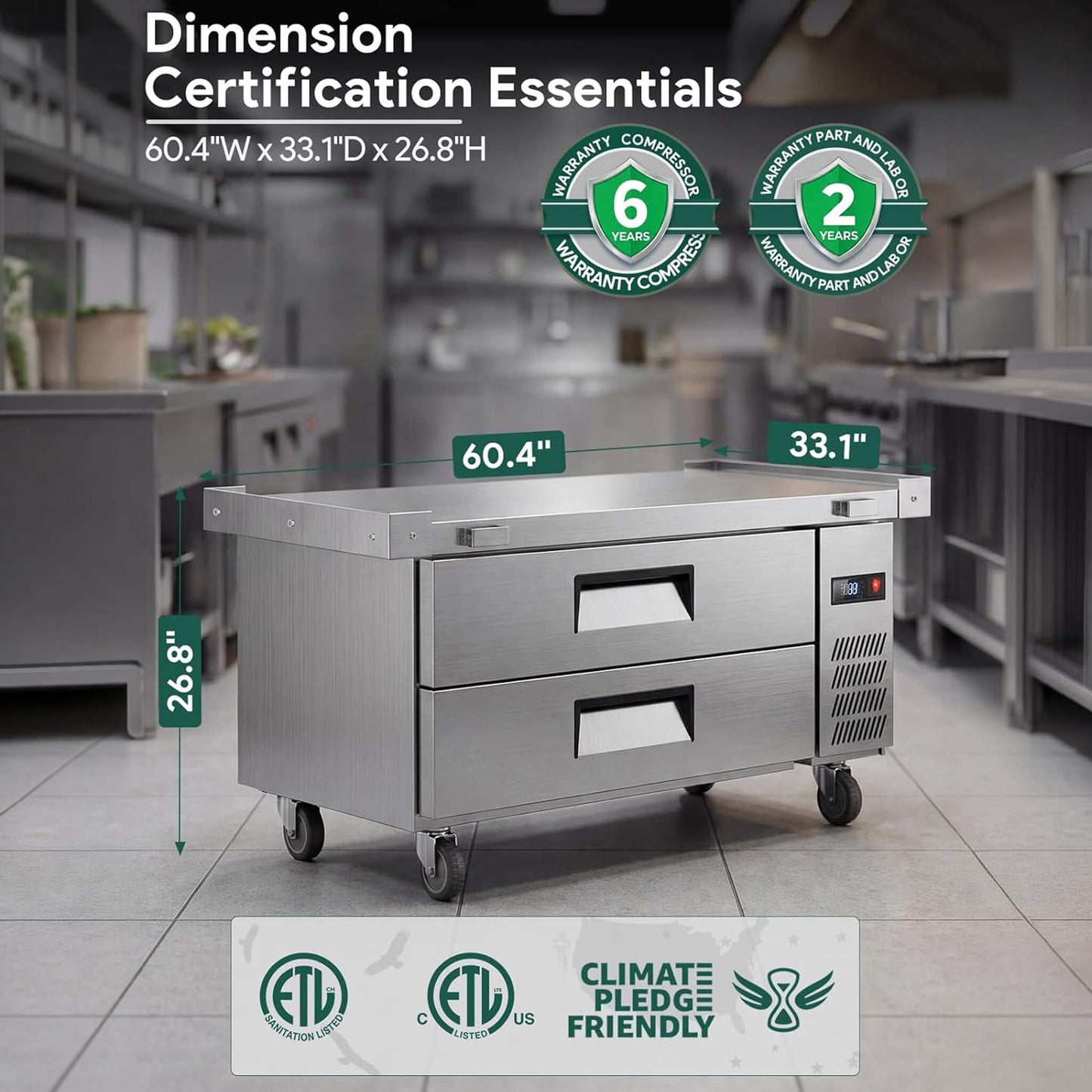 Commercial Double Drawer Undercounter Worktop Fridge With Chef Base & Wheels (SAK80596)