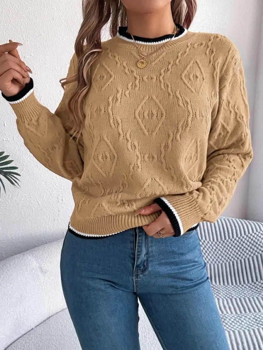 Sweaters Trendsi Contrast Trim Sweater Women's Versatile Acrylic Long Sleeve Top