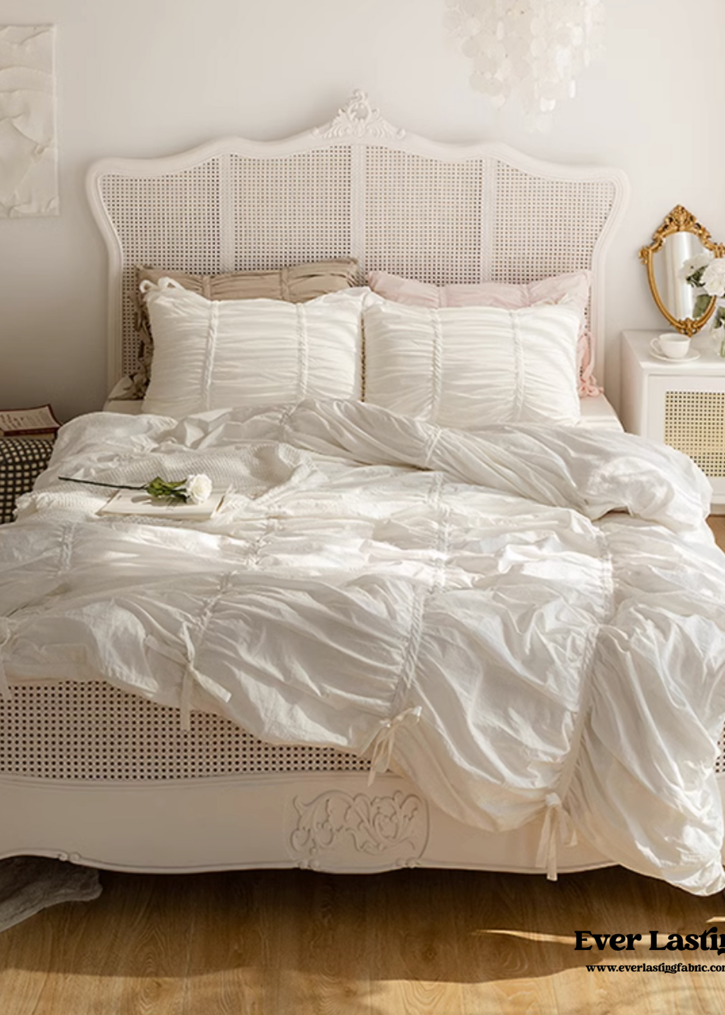 Coquette Ruffle Bedding Set with Ties / White