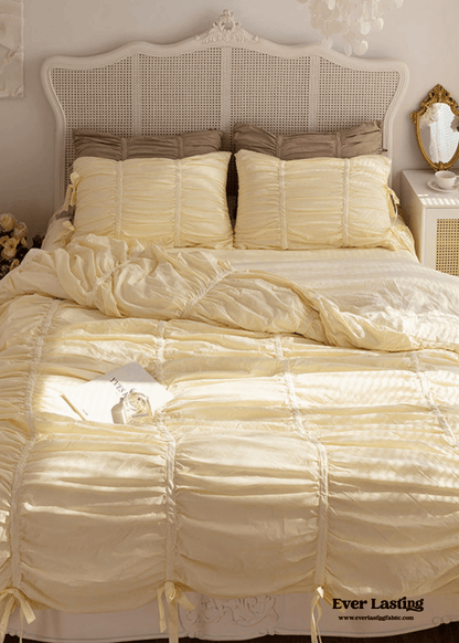 Coquette Ruffle Ribbon Ties Duvet Cover / White