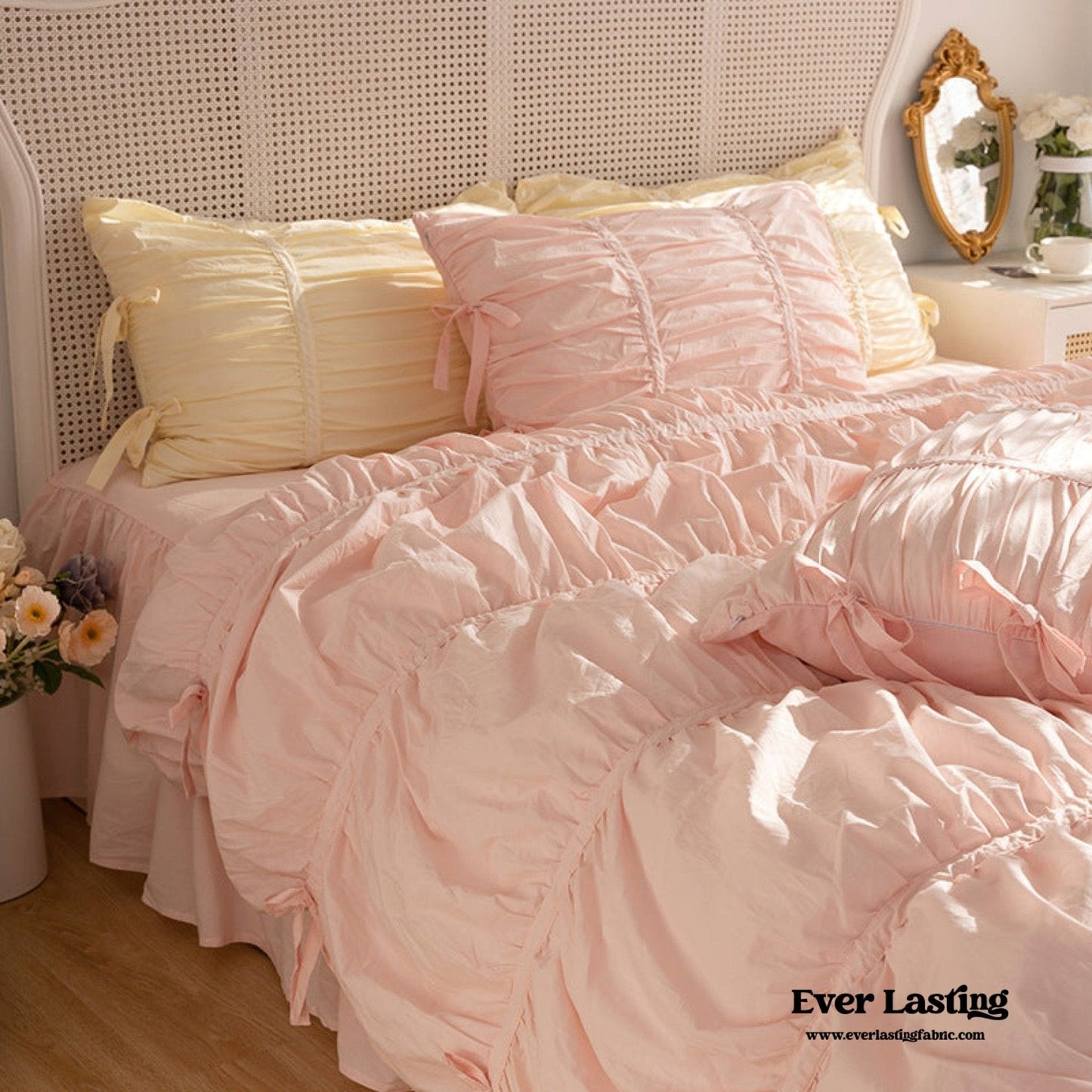 Coquette Ruffle Ribbon Ties Duvet Cover / White