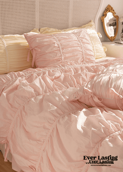 Coquette Ruffle Ribbon Ties Duvet Cover / White