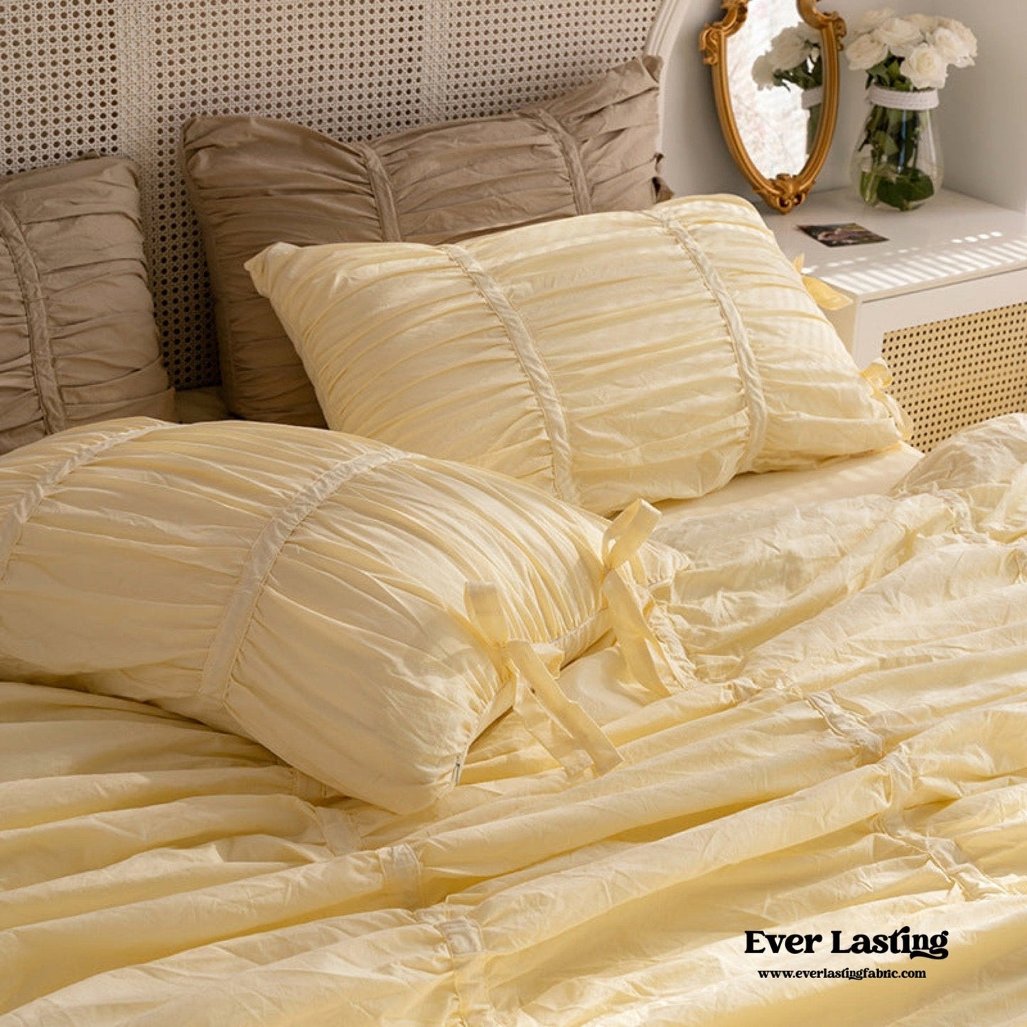 Coquette Ruffle Ribbon Ties Duvet Cover / White