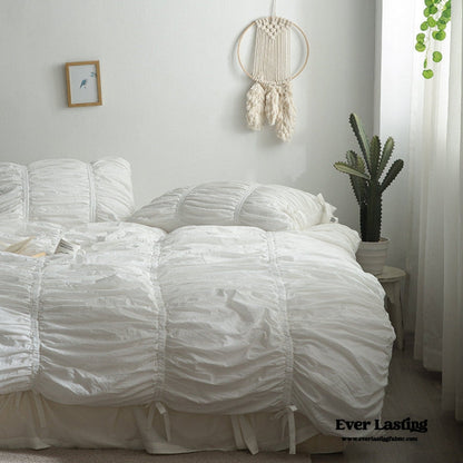 Coquette Ruffle Ribbon Ties Duvet Cover / White