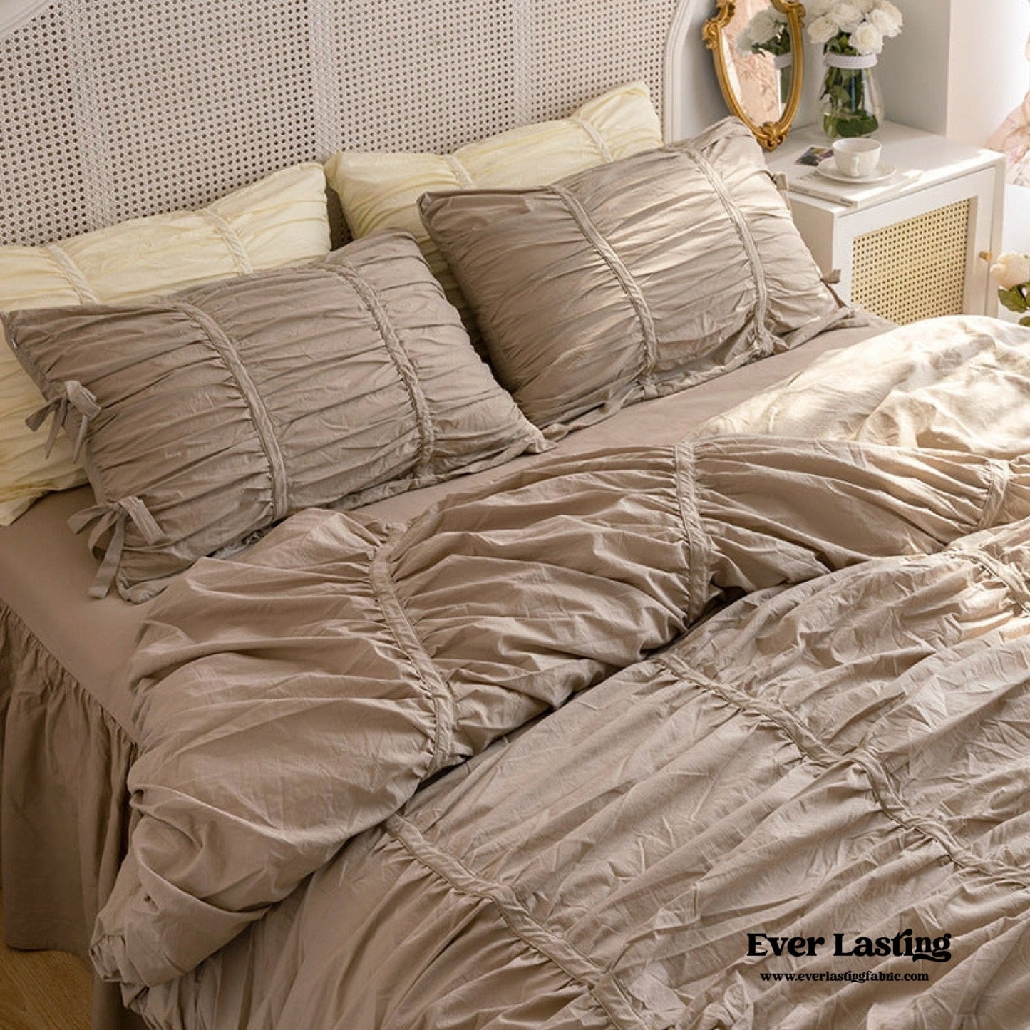 Coquette Ruffle Ribbon Ties Duvet Cover / White