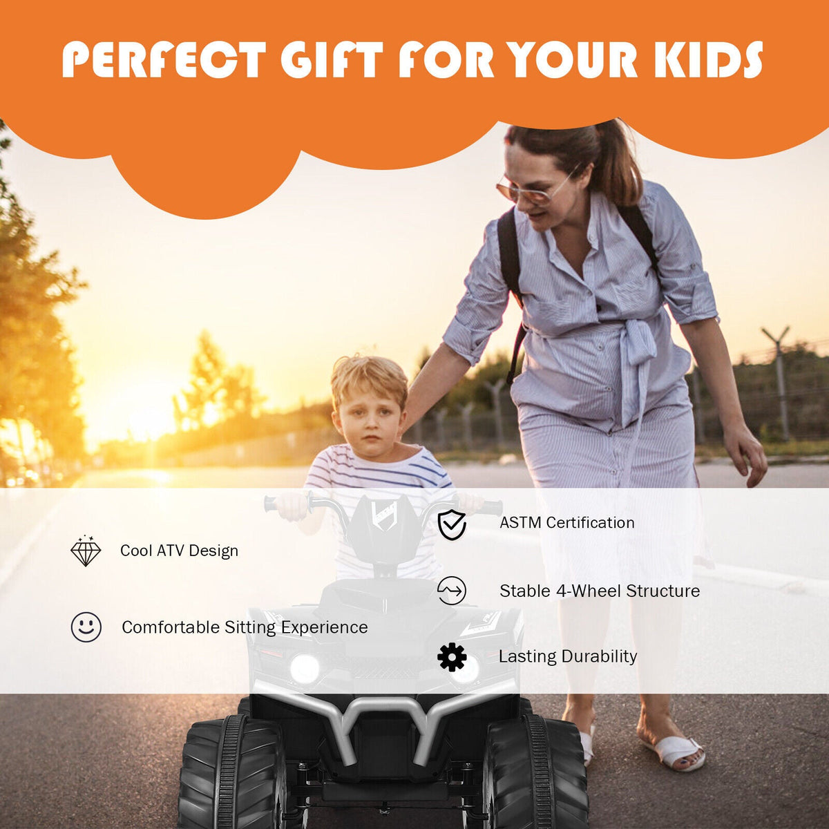 Costway 12V Kids ATV Quad Ride On Car with LED Light & Music - Black