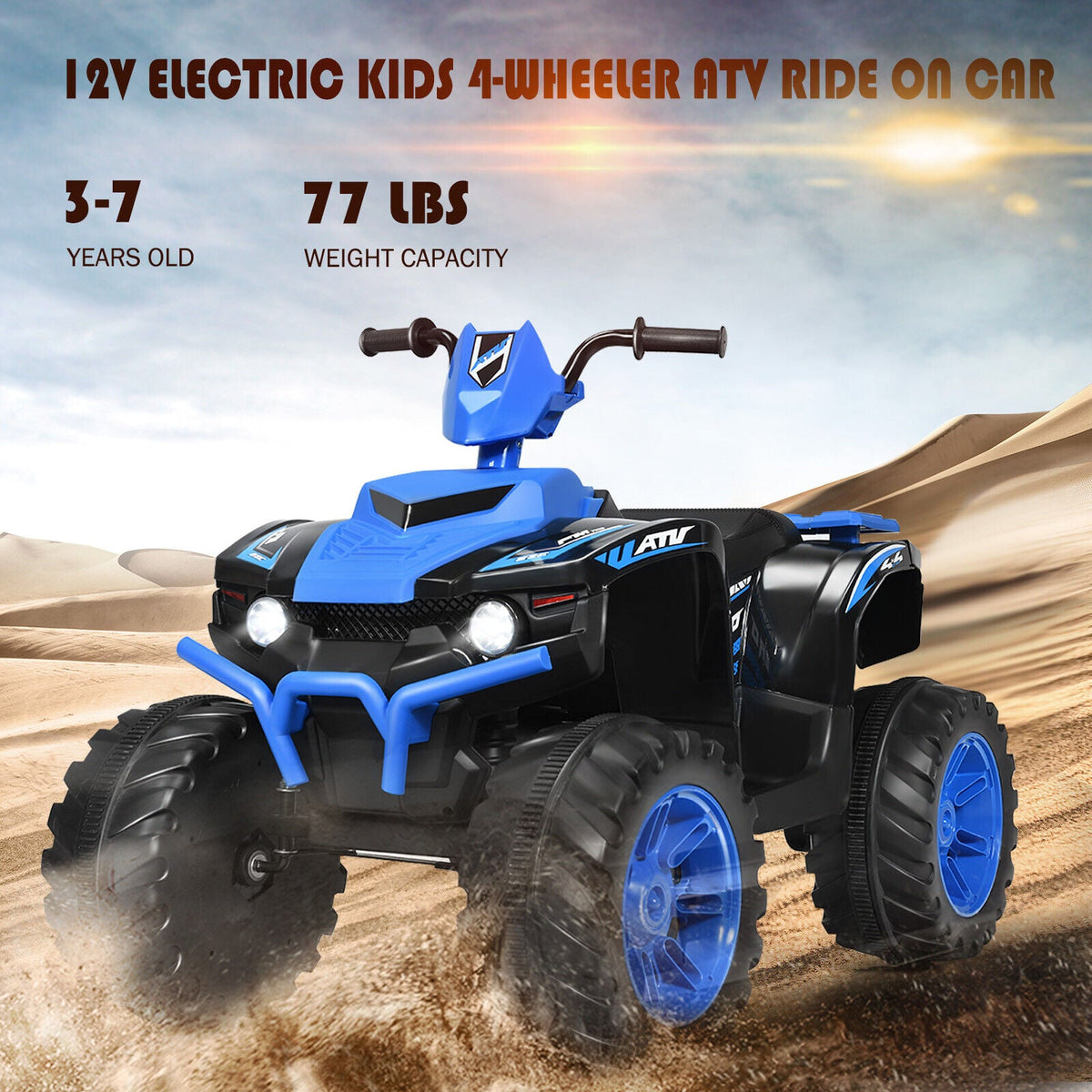 Costway 12V Kids ATV Quad Ride On Car with LED Light & Music - Navy