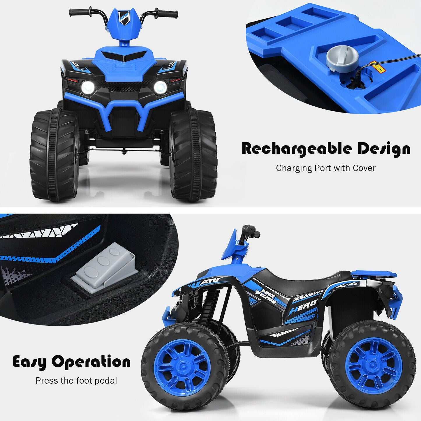 Costway 12V Kids ATV Quad Ride On Car with LED Light & Music - Navy