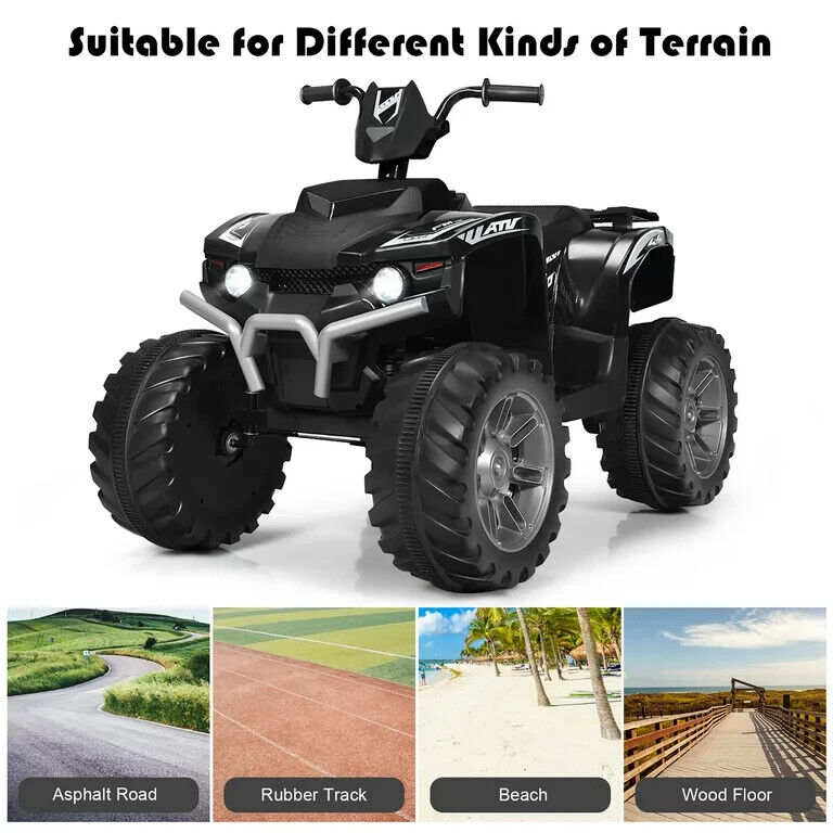 Costway 12V Kids ATV Quad Ride On Car with LED Lights, Music, and USB - Black