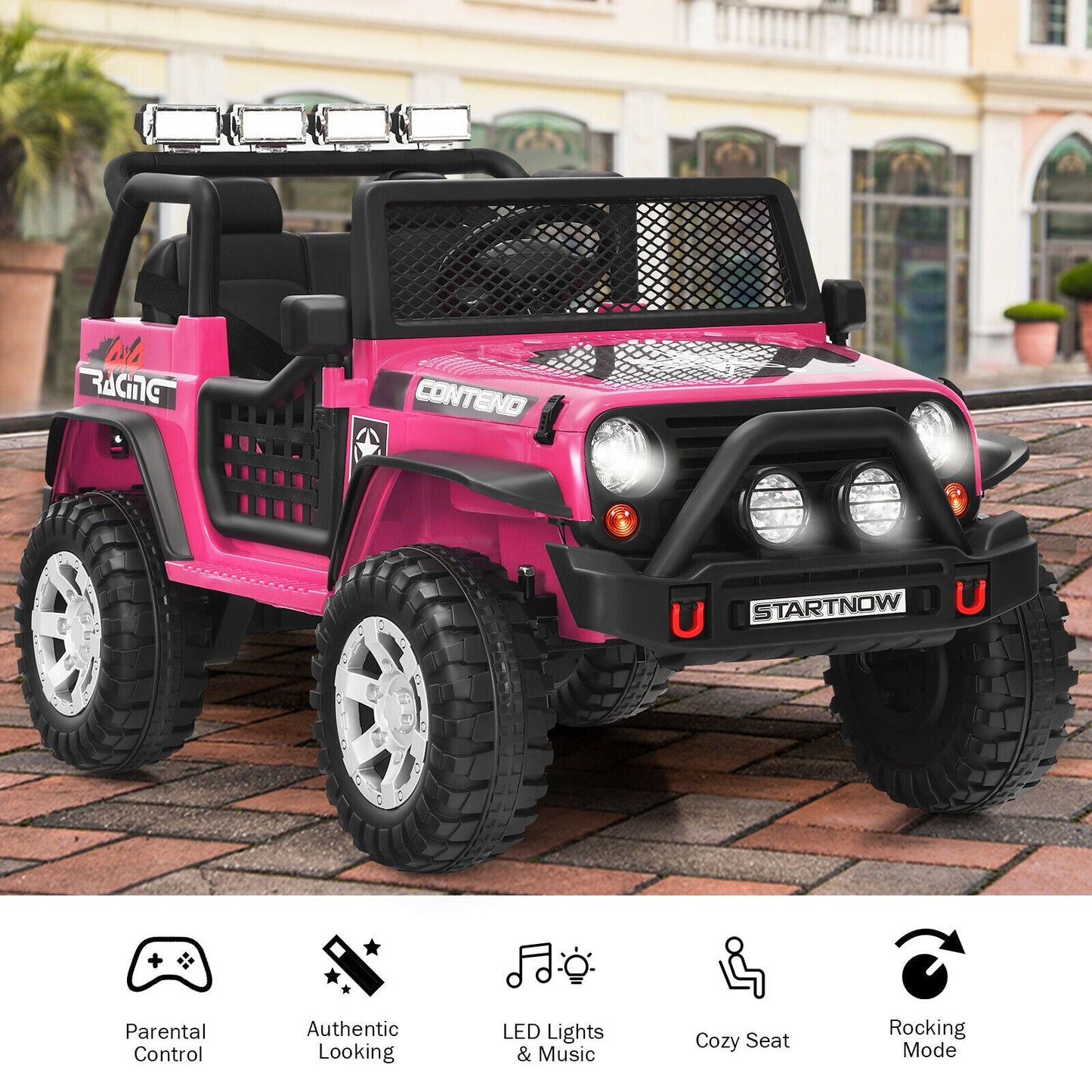 Costway 12V Kids Ride On Truck with Remote Control, Lights, and Music - Pink