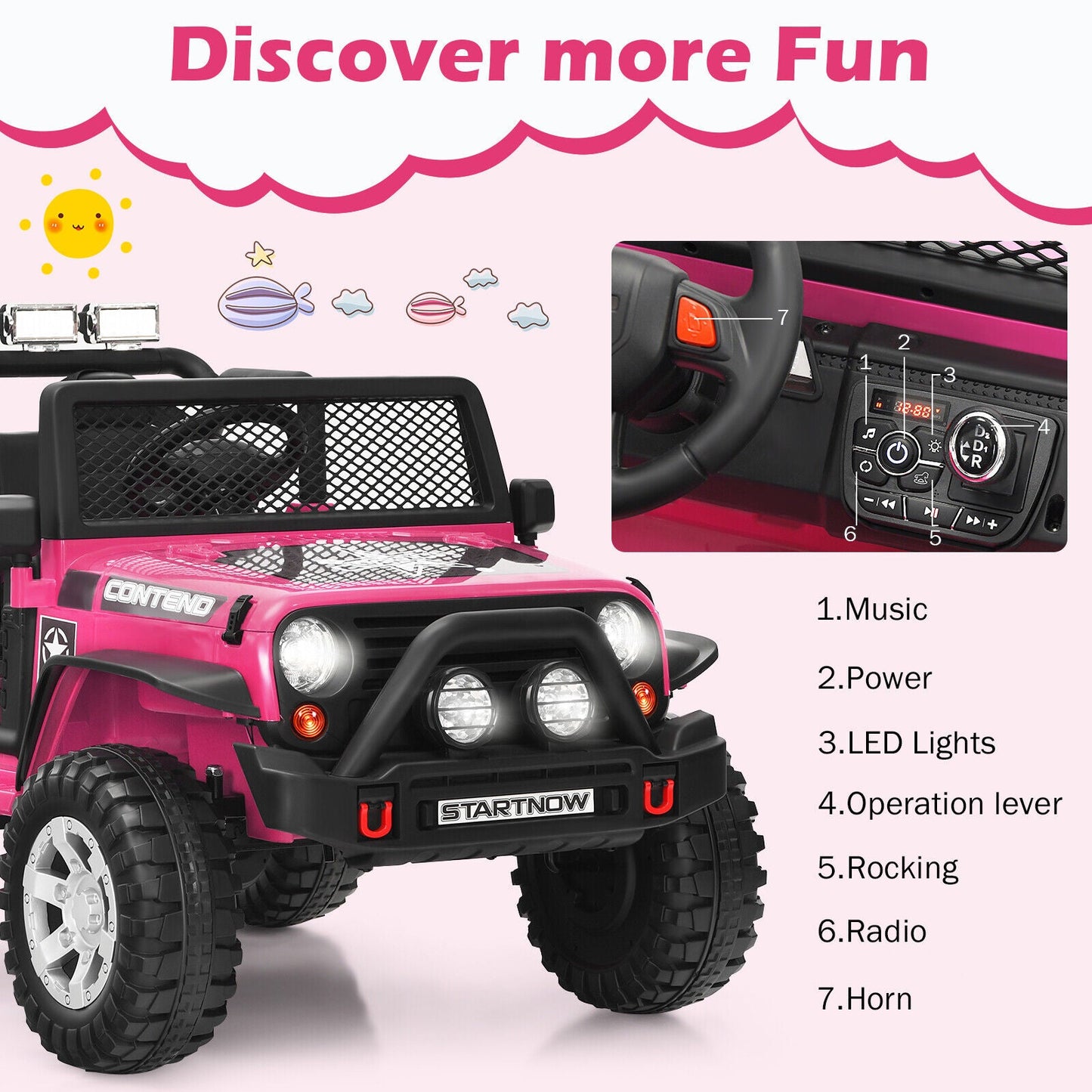Costway 12V Kids Ride On Truck with Remote Control, Lights, and Music - Pink