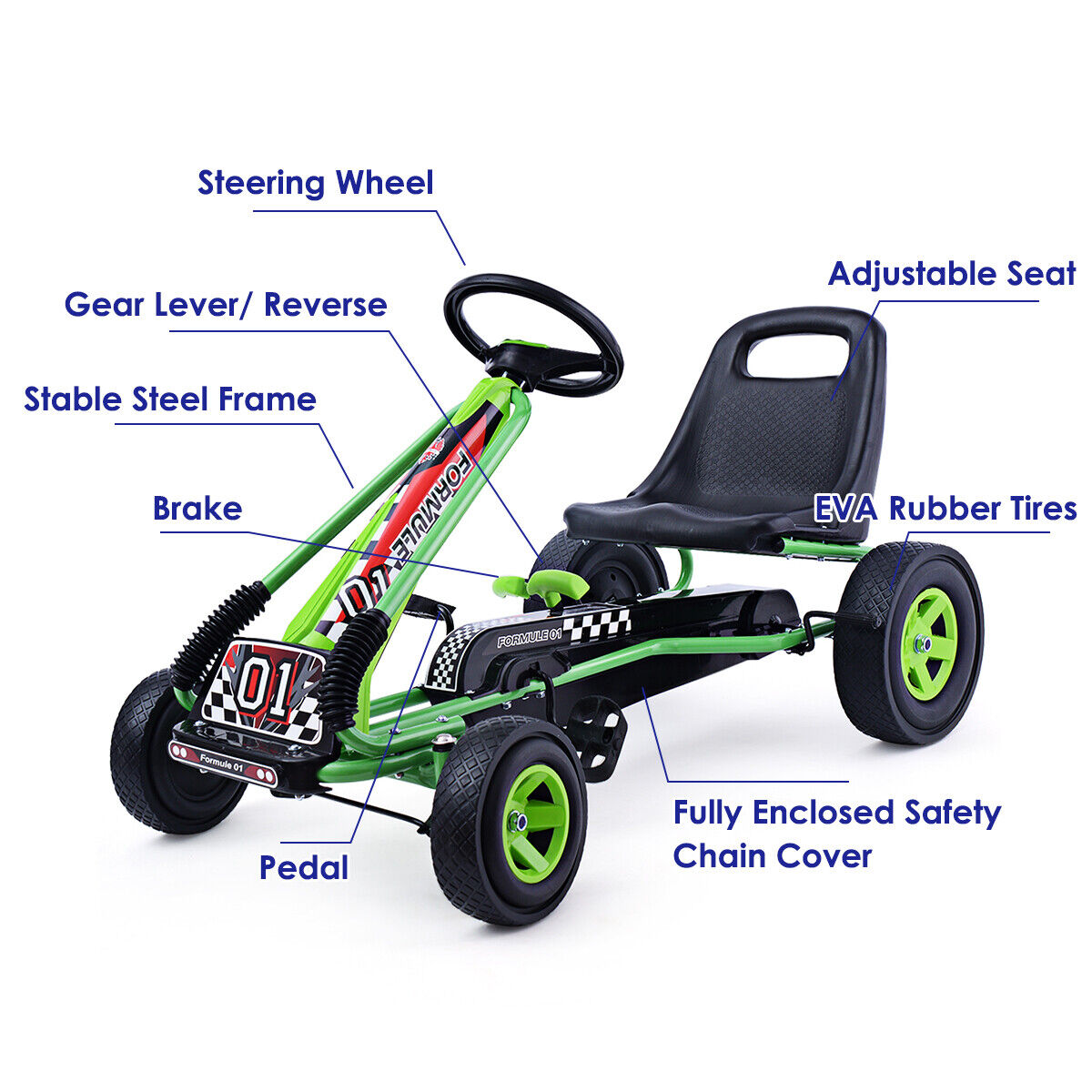 Costway 4-Wheel Pedal Go Kart for Kids with Adjustable Seat - Green