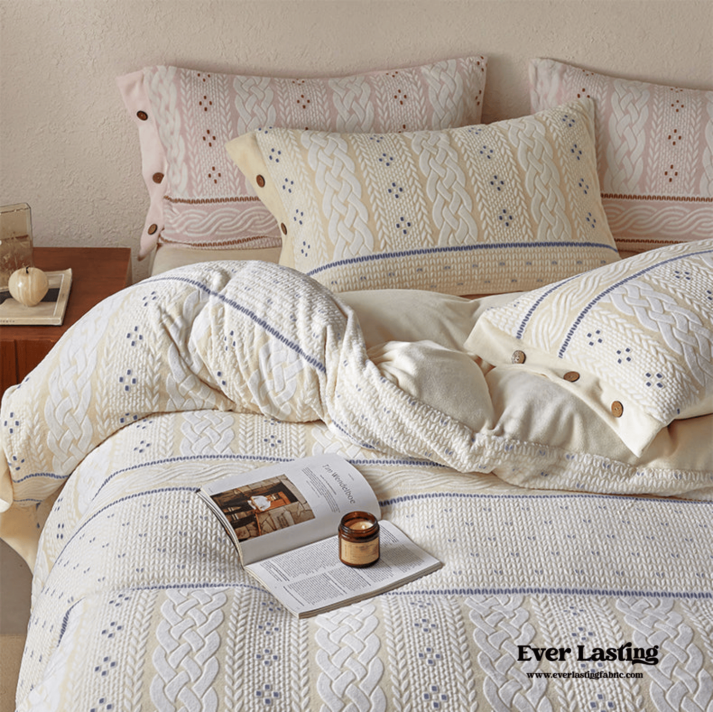 Cottage Braided Button Velvet Bedding Set / Cream