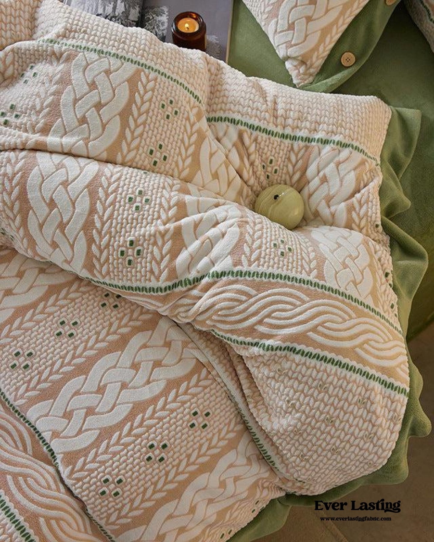 Cottage Braided Button Velvet Bedding Set / Cream