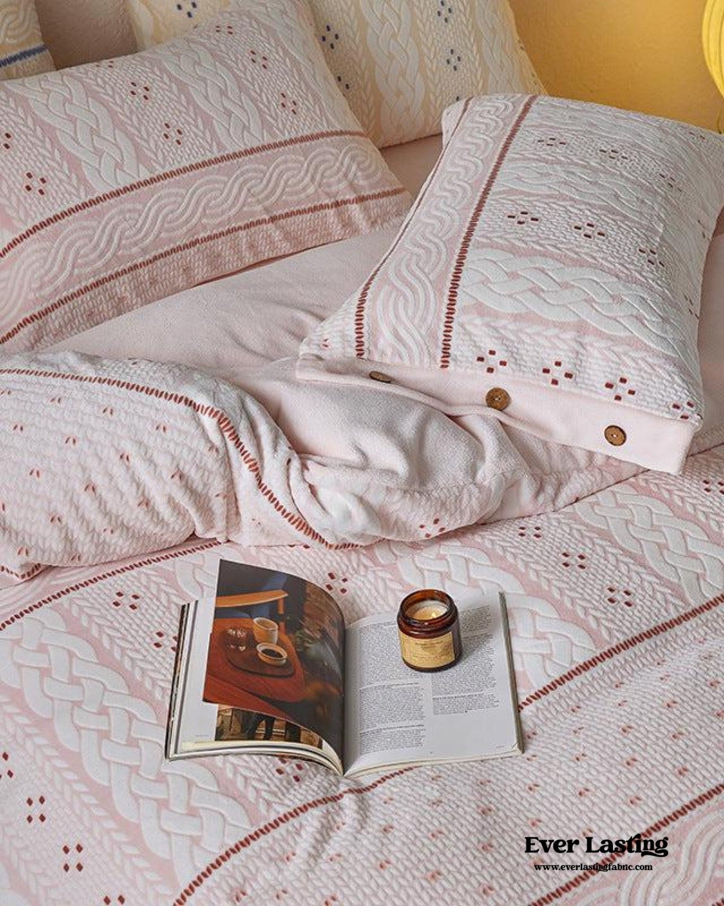 Cottage Braided Button Velvet Bedding Set / Cream