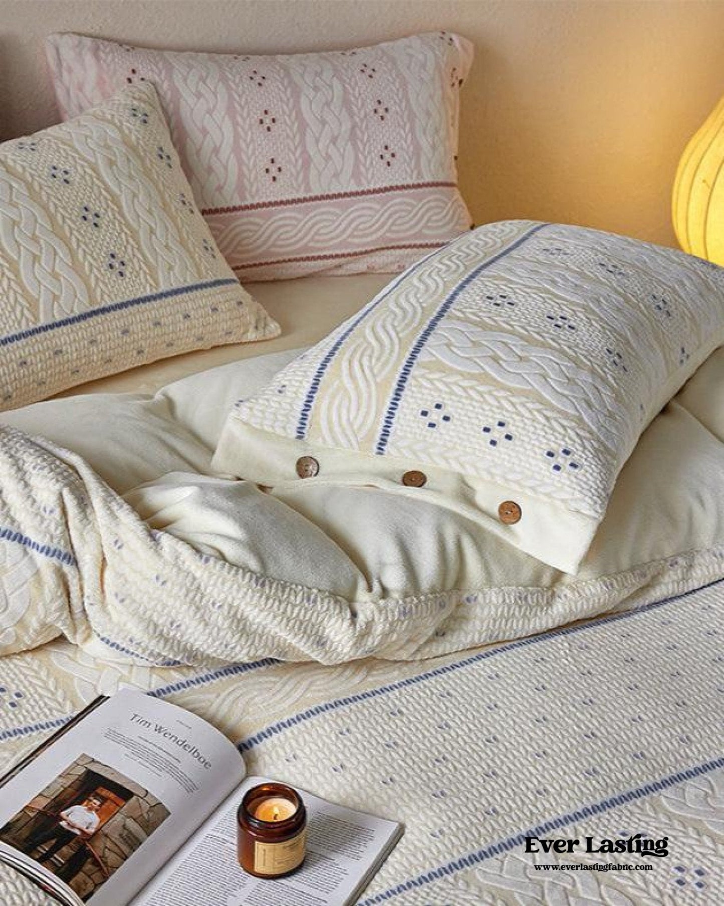Cottage Braided Button Velvet Bedding Set / Cream