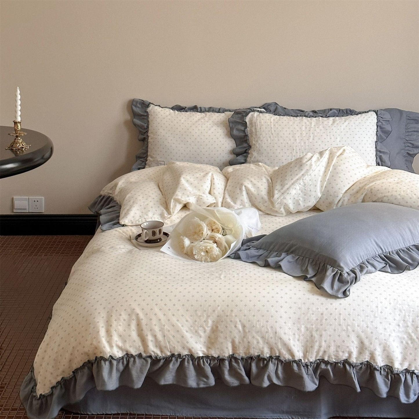 Cottage Inspired Ruffle Bedding Set / Ash Blue