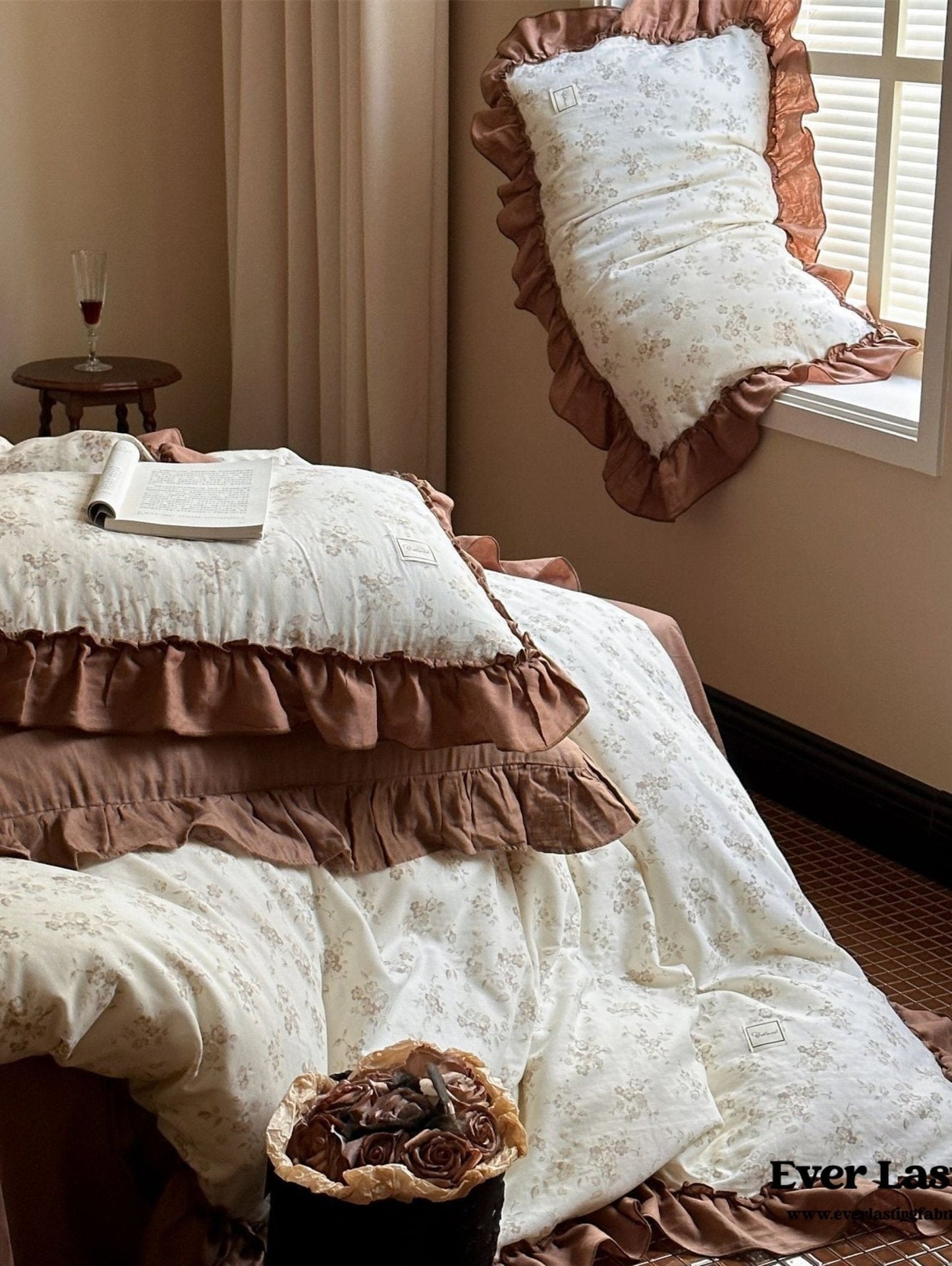 Cottage Inspired Ruffle Bedding Set / Brown