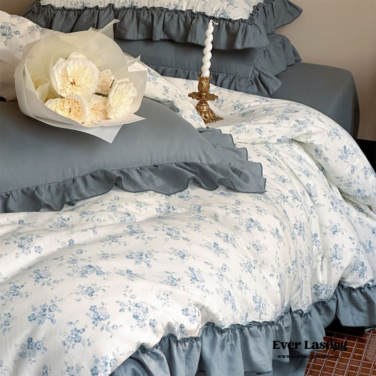 Cottage Inspired Ruffle Bedding Set / Soft Blue