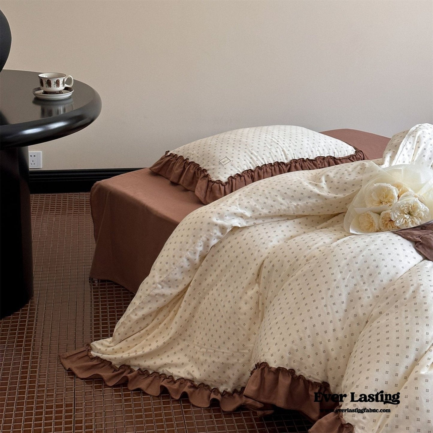Cottage Inspired Ruffle Bedding Set / Soft Brown