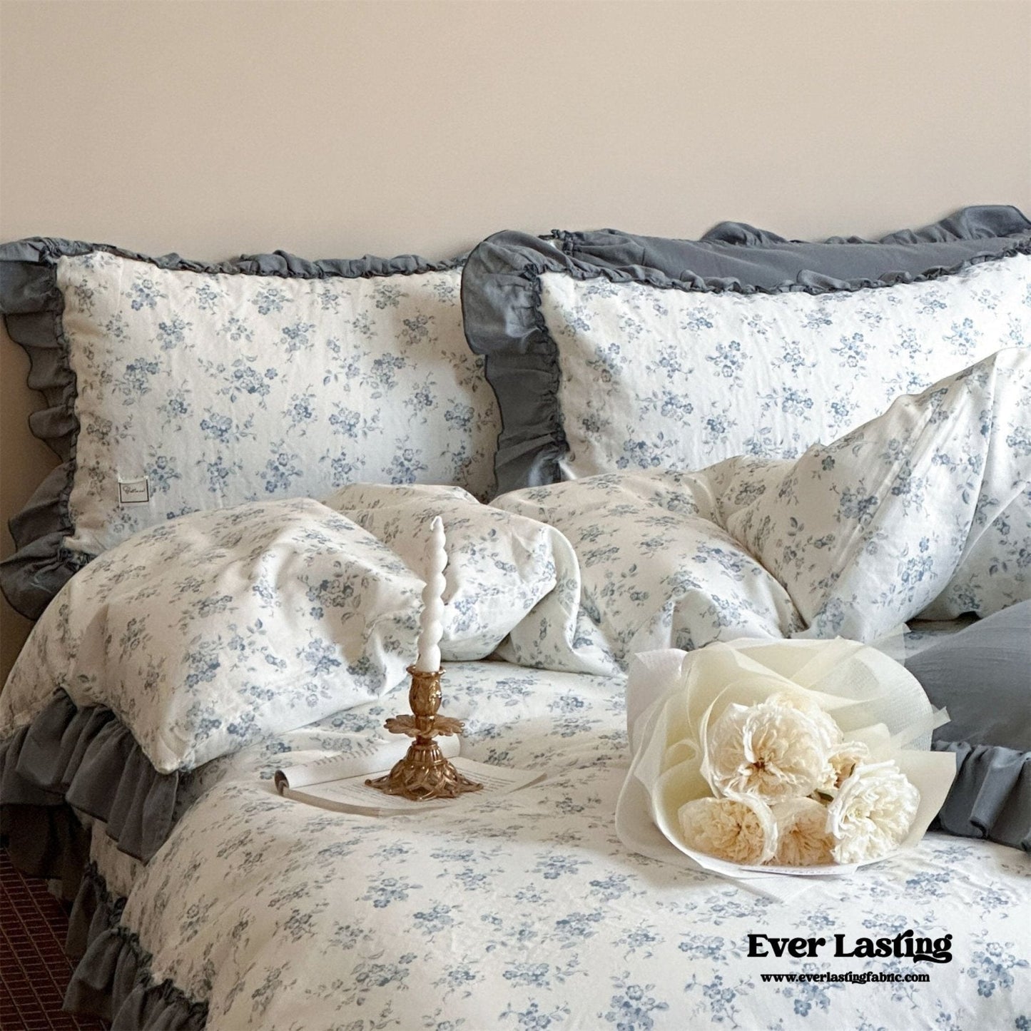 Cottage Inspired Ruffle Bedding Set / Soft Brown