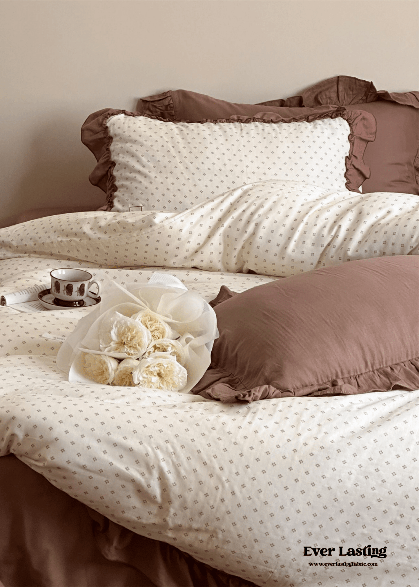 Cottage Inspired Ruffle Bedding Set / Soft Brown