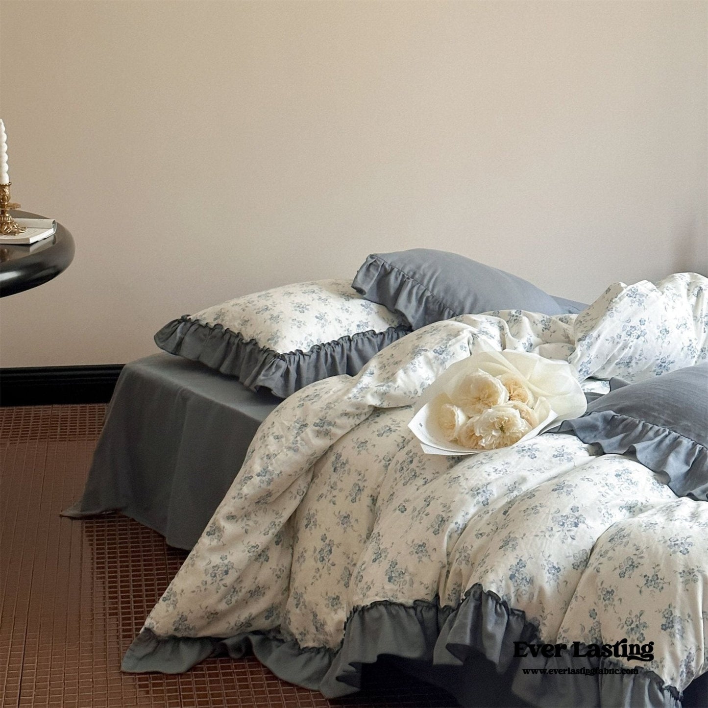 Cottage Inspired Ruffle Bedding Set / Soft Brown