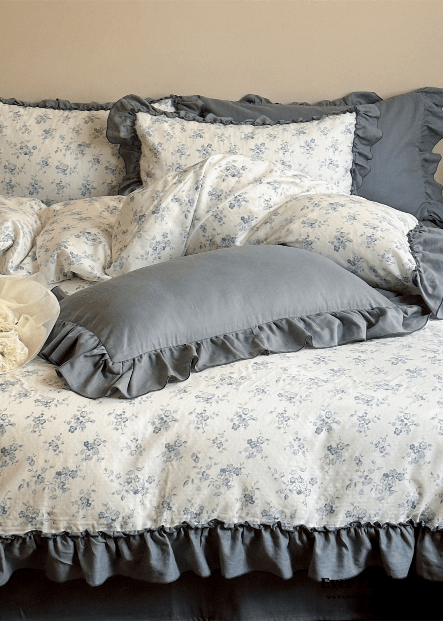 Cottage Inspired Ruffle Bedding Set / Soft Brown