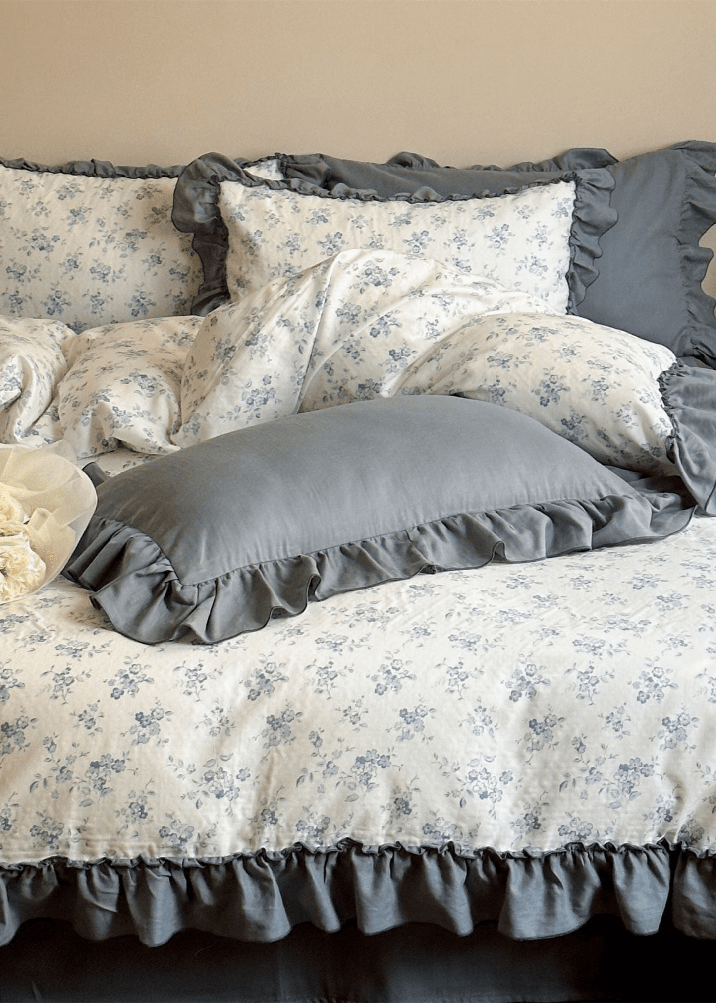 Cottage Inspired Ruffle Bedding Set / Ash Blue
