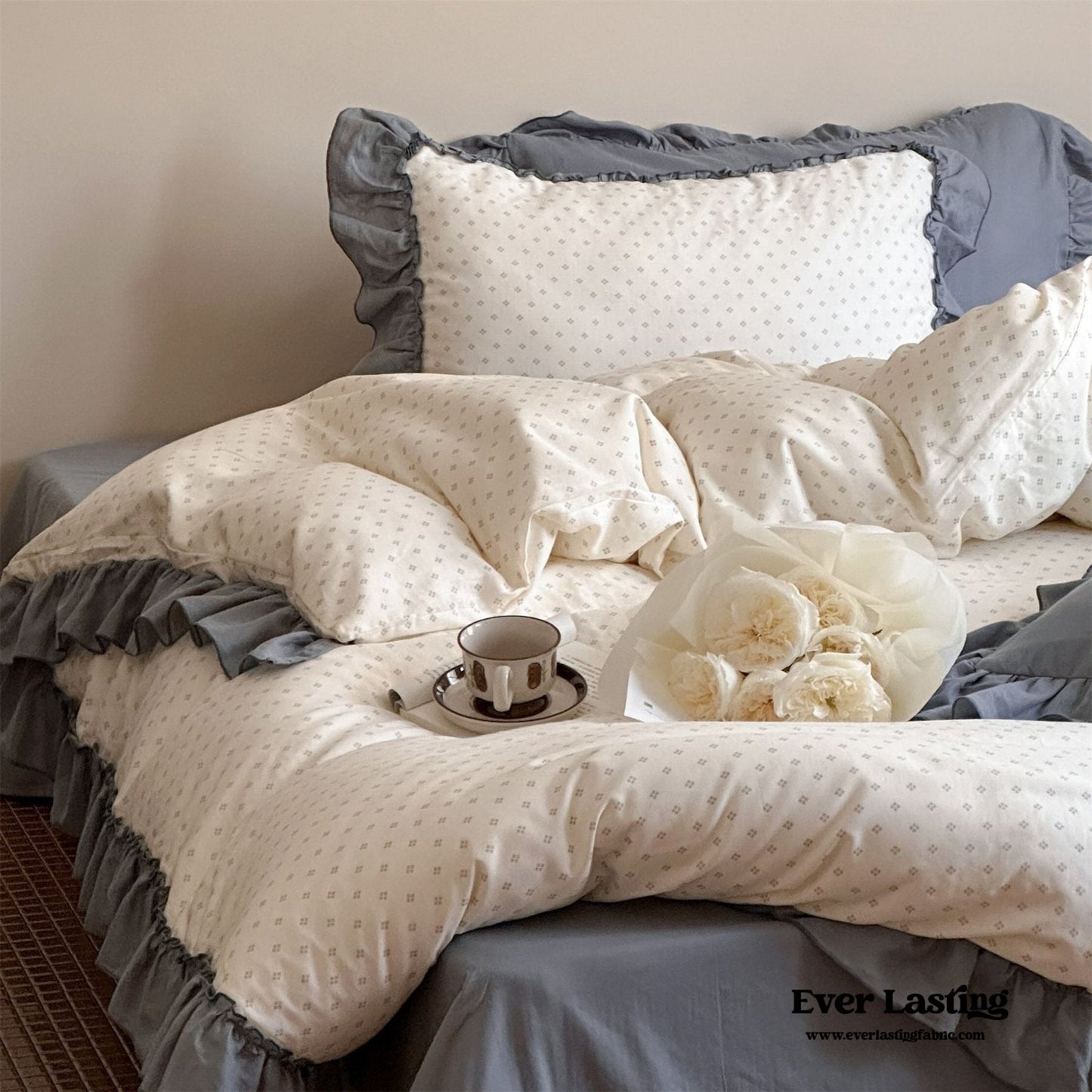 Cottage Inspired Ruffle Bedding Set / Soft Brown