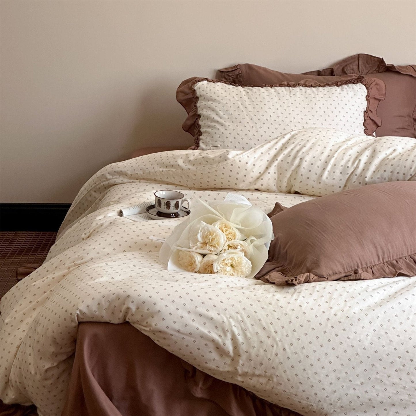 Cottage Inspired Ruffle Bedding Set / Soft Brown