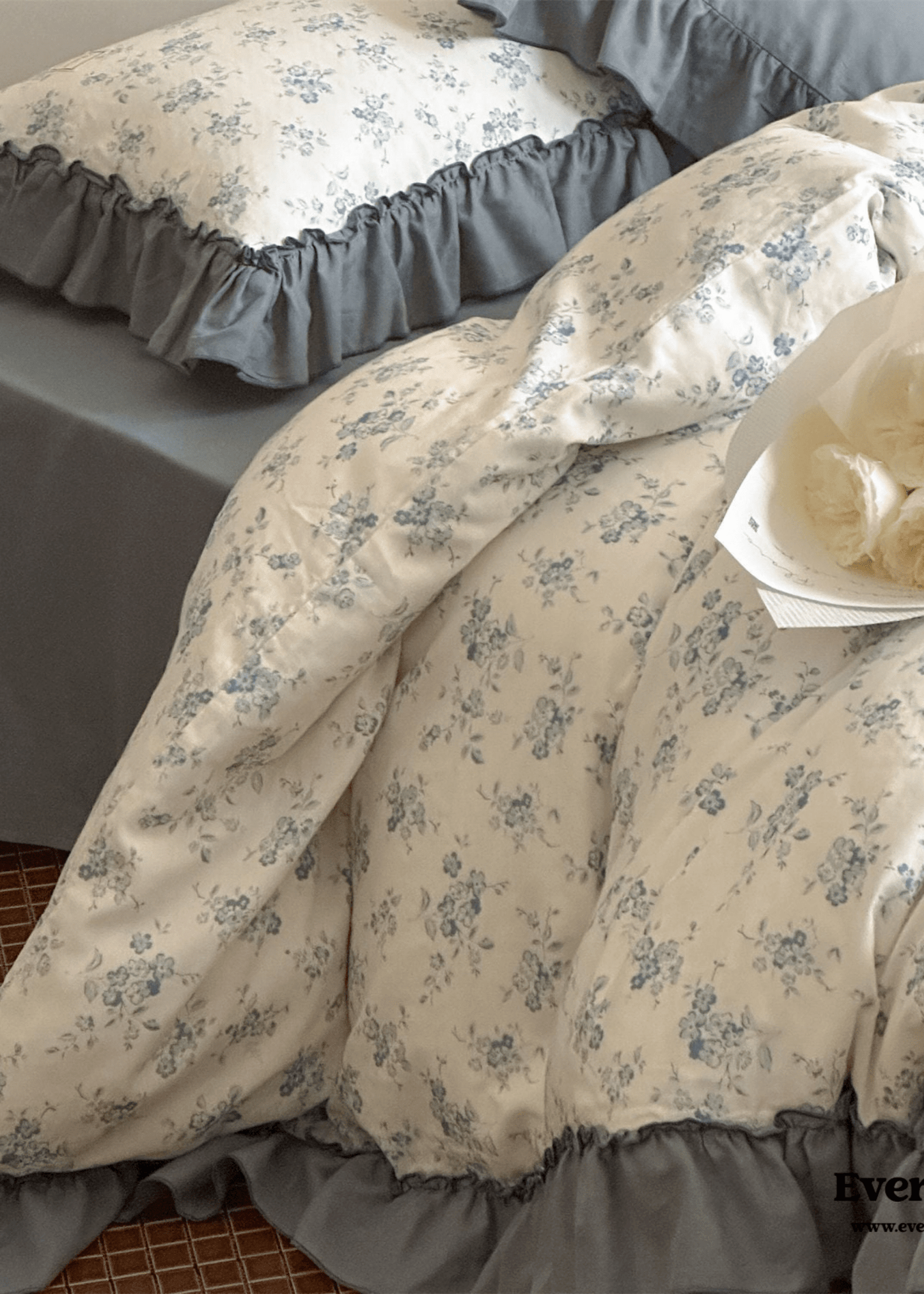 Cottage Inspired Ruffle Bedding Set / Ash Blue