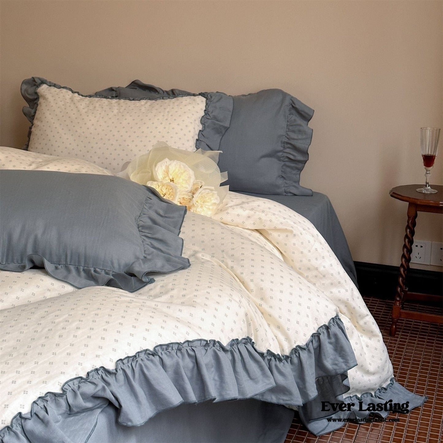 Cottage Inspired Ruffle Bedding Set / Soft Brown