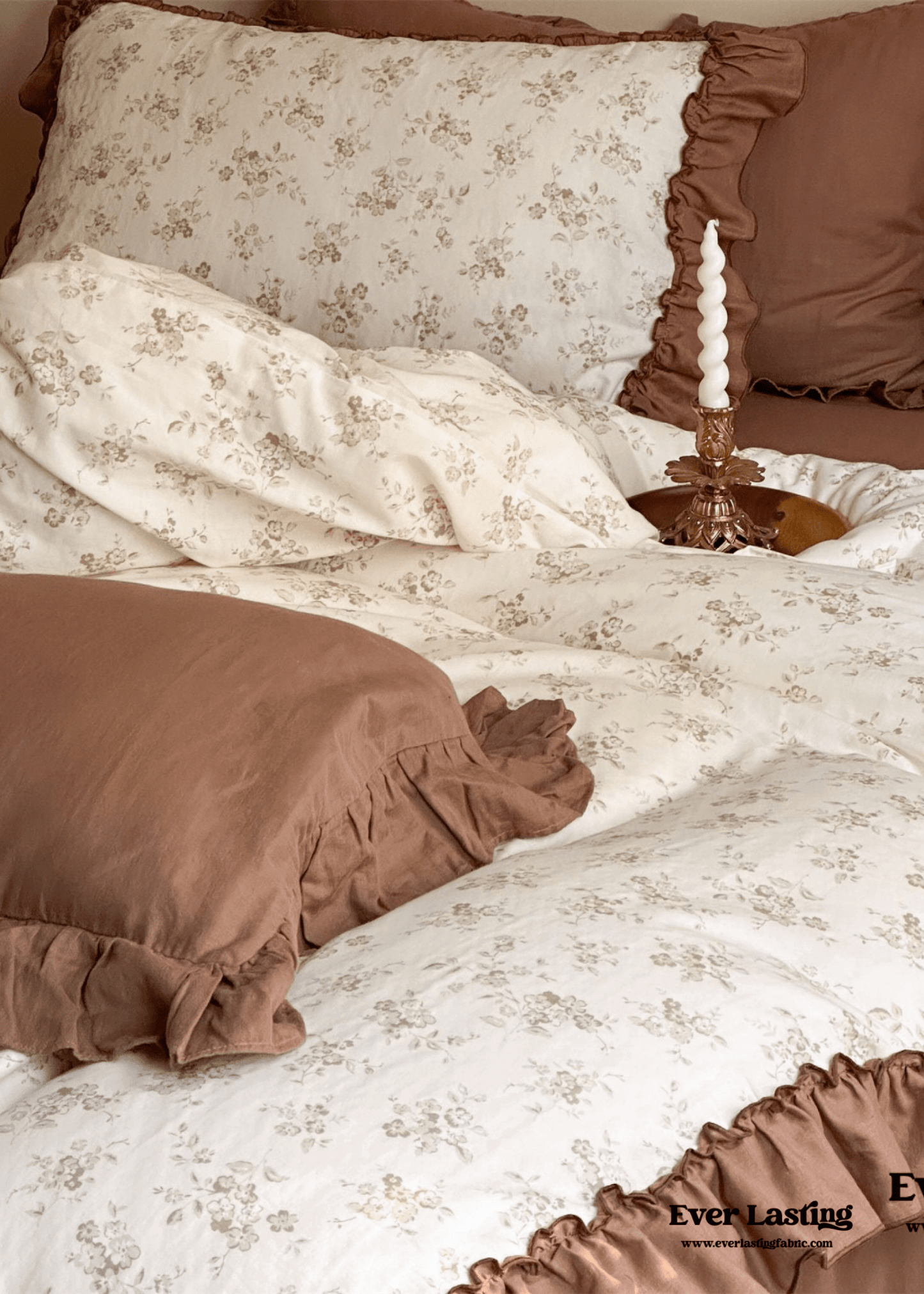 Cottage Inspired Ruffle Bedding Set / Soft Brown