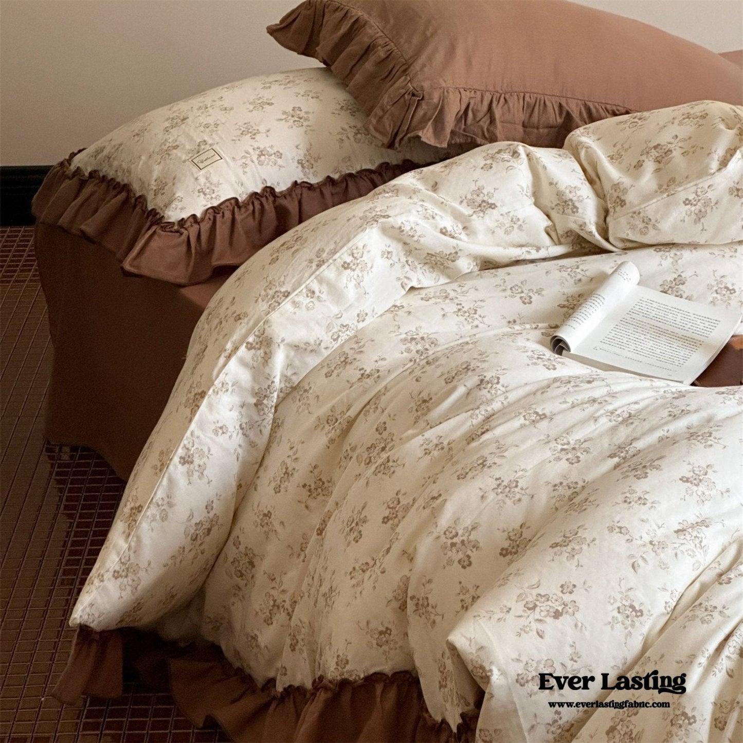 Cottage Inspired Ruffle Bedding Set / Soft Brown
