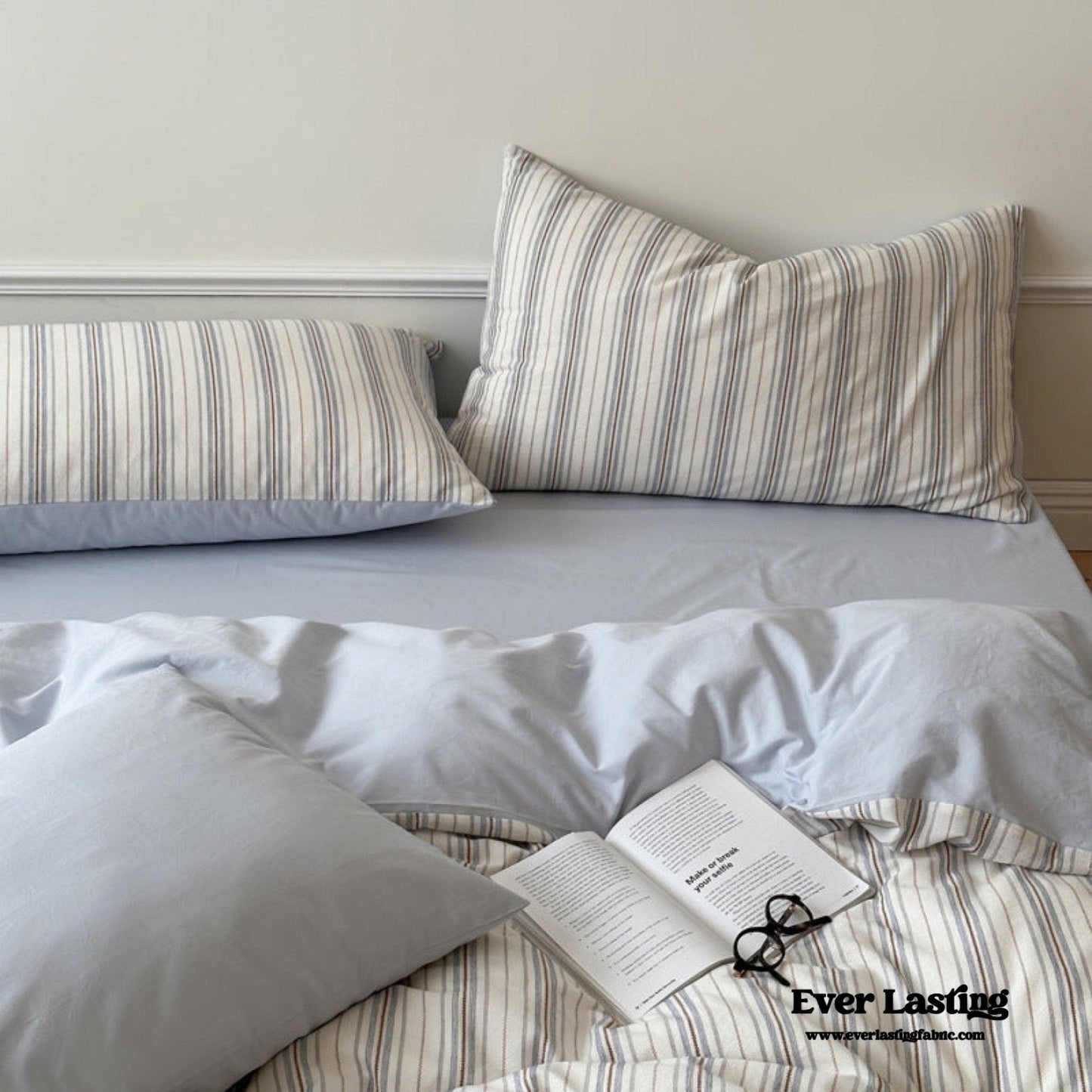 Cozy Pastel Striped Washed Cotton Duvet Cover / Blue