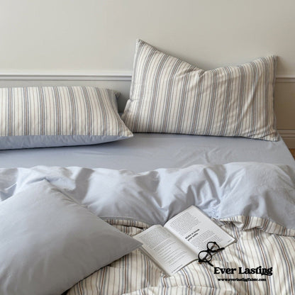 Cozy Pastel Striped Washed Cotton Duvet Cover / Blue