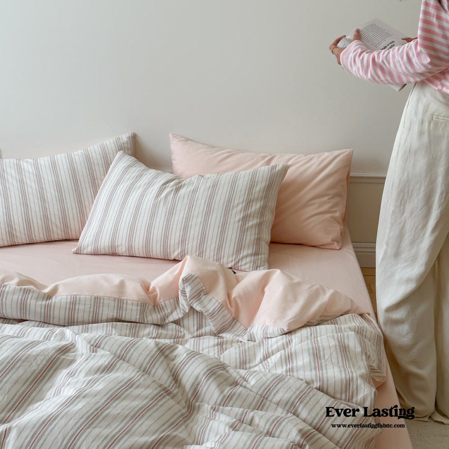 Cozy Pastel Striped Washed Cotton Duvet Cover / Pink