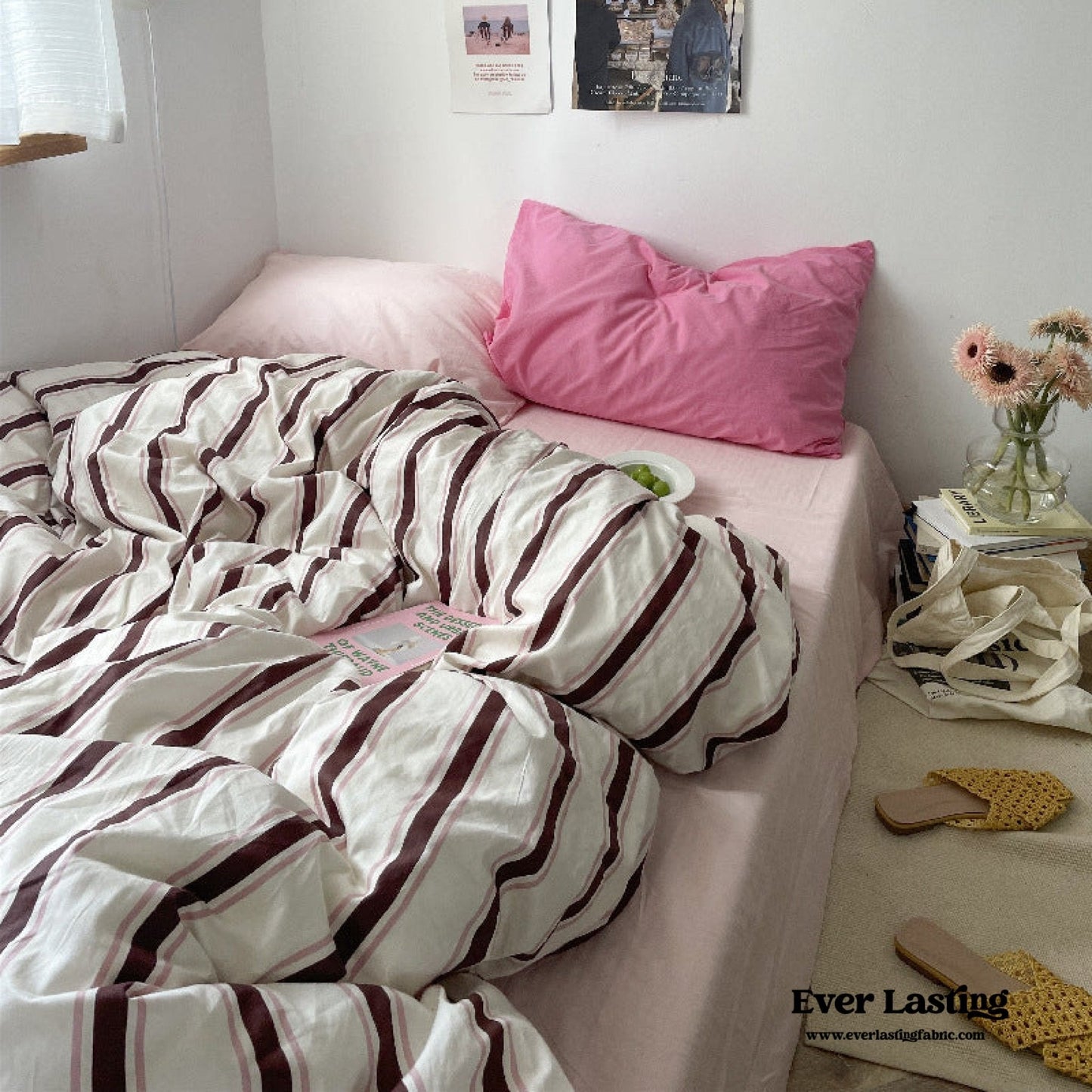 Cozy Washed Cotton Striped Bedding Set / Pink