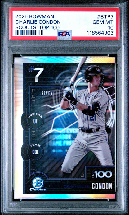 Graded 2025 Topps Bowman Charlie Condon #BTP7 Scouts Top 100 Rookie RC Baseball Card PSA 10 Gem Mint
