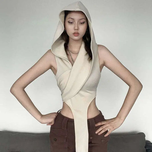 Cream Stylish Short Crop Hooded Wraparound Top