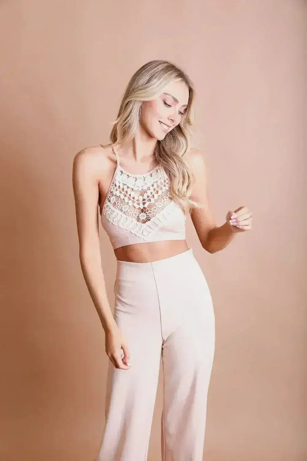 Crochet Lace High Neck Bralette – Halter Style with Cross-Back