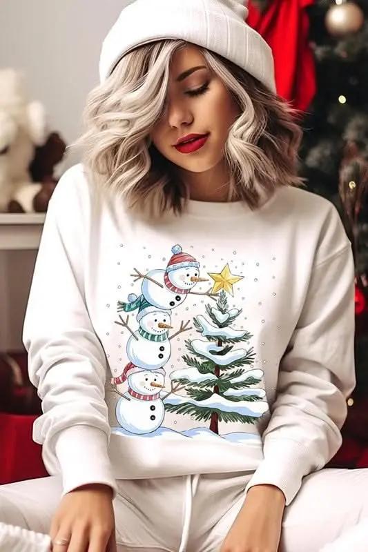Fleece Sweatshirt Christmas Snowman Graphic Women's Sweater Cute & Cozy